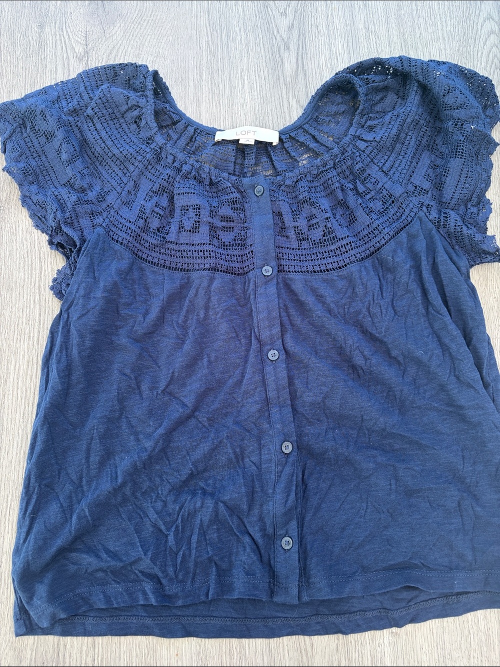 LOFT Navy Crochet Yoke Button-Down Top